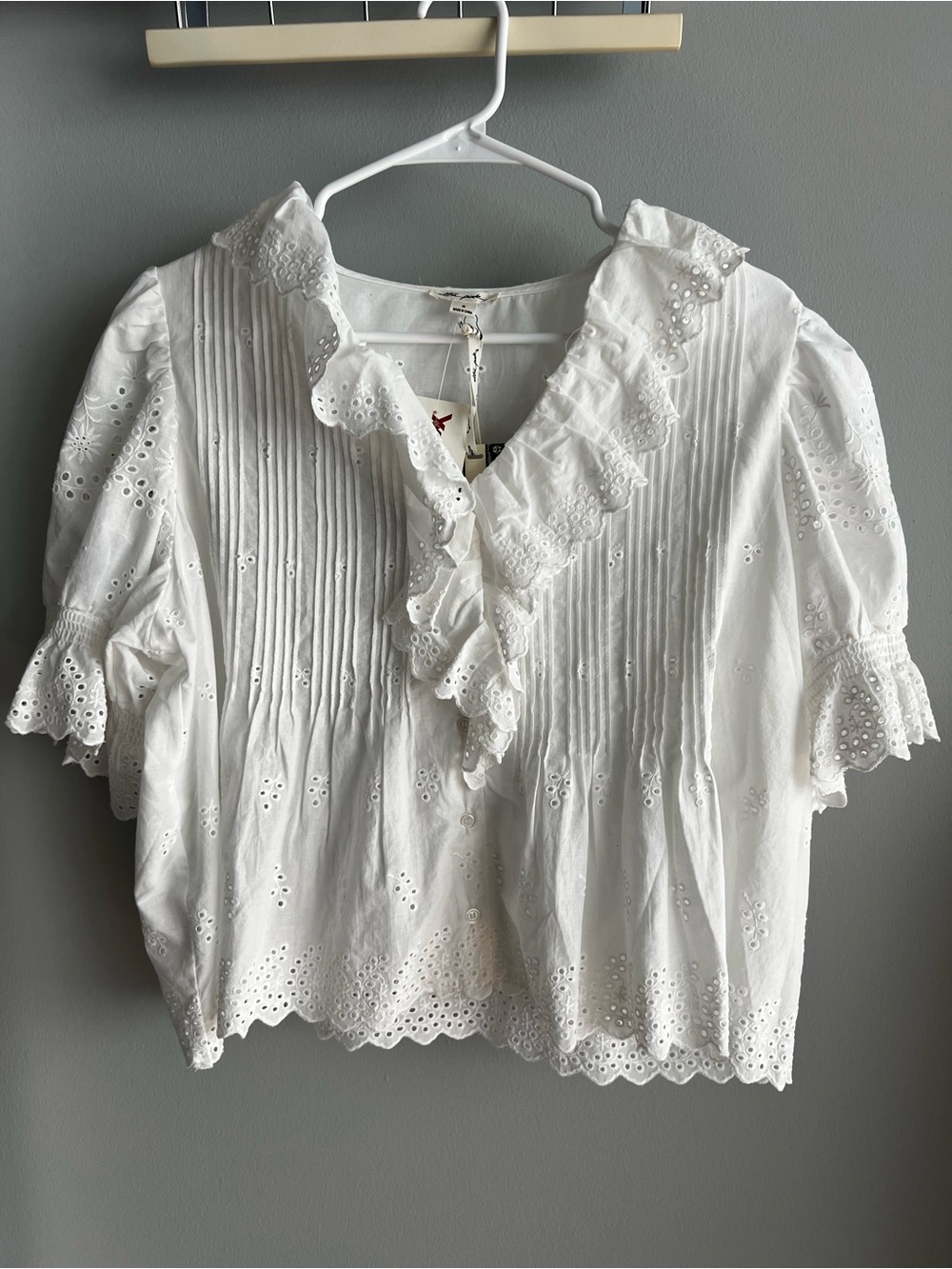 100% Cotton White Eyelet Ruffle Puff Sleeve Blouse NWT M